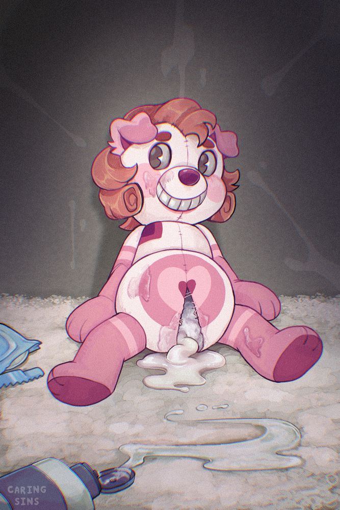 Ronnie (she/he/it) the toy ghost is sitting on the floor against a wall that is covered in cum stains. Her seams are ripped at the crotch as cum and stuffing leak out onto the dirty carpet. An opened condom package sits by his side and a bottle of open lube drips on the floor.