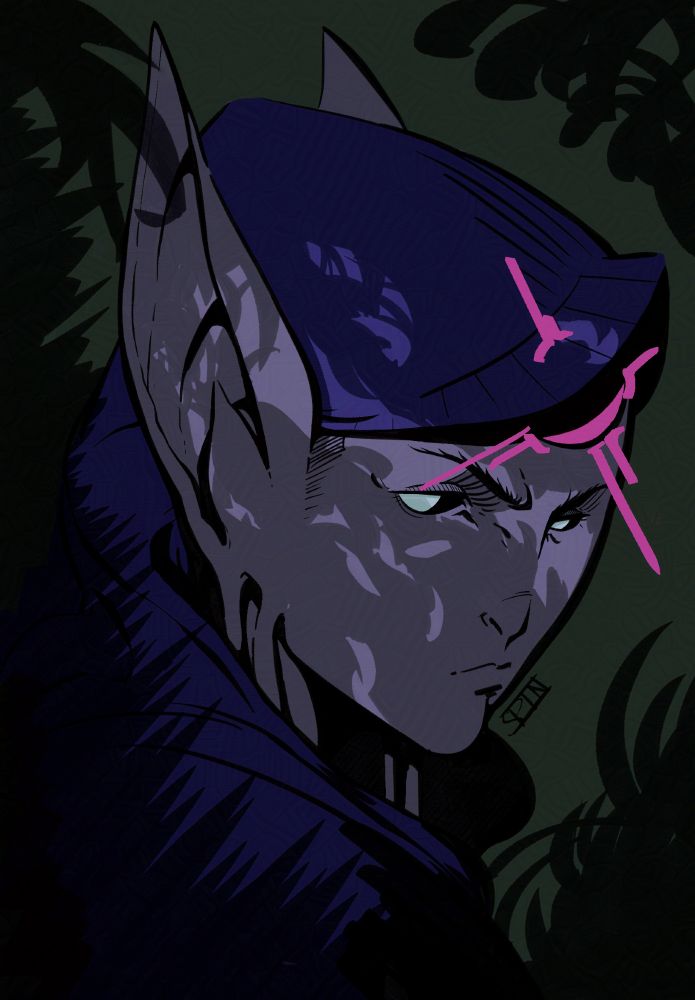 Cell-shaded portrait of person in some type of forest or jungle. They have grey-purple skin ans bat ears as well as stretched lobed. They are wearing a hood and appear to have some sort of magical object in their forehead.