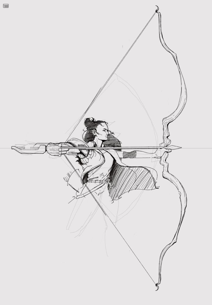 Side view of a person with a LARGE wooden bow drawing it back with one mechanical arm. Person is unfortunately missing legs and i could not figure out what i wanted for the mechanical elbow joint