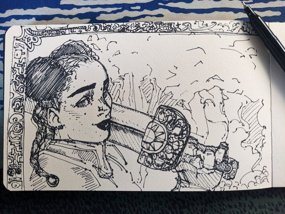 Small traditional sketch of a woman with a sword done with a fine permanent marker.