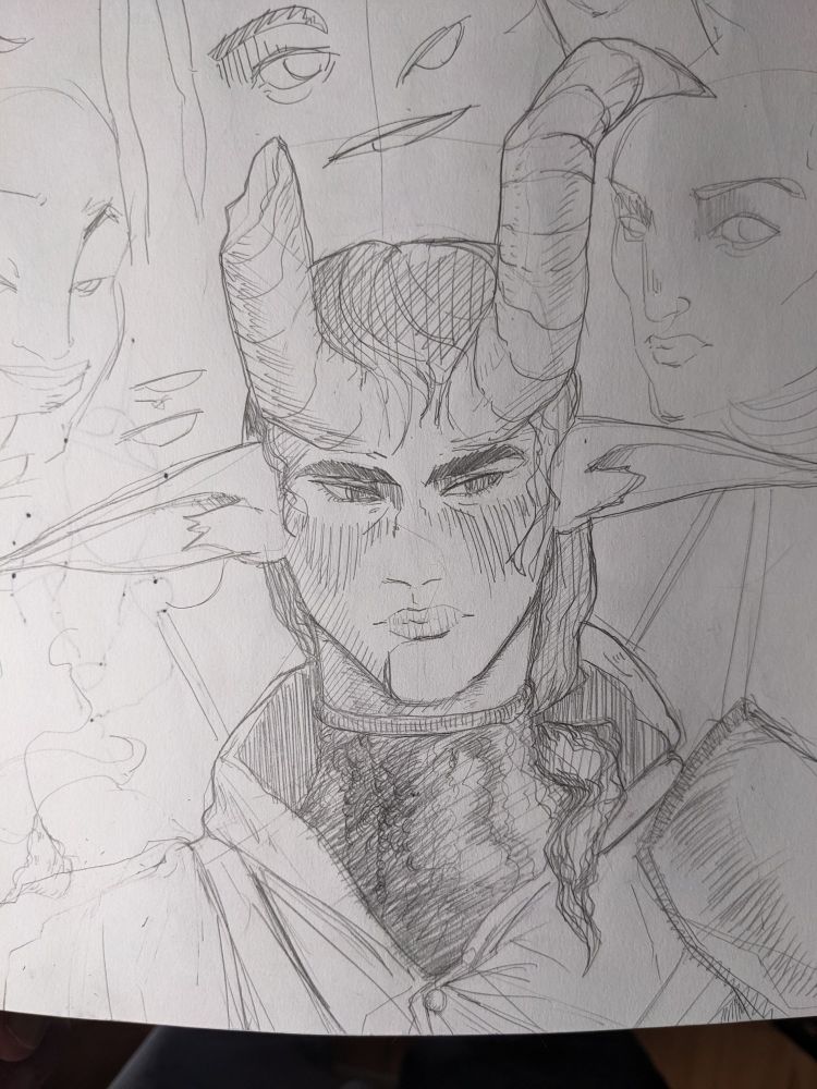 Traditional drawing done with 0.3 mm mechanical pencil depicting a horned figure in a hood with long ears and a pauldron.