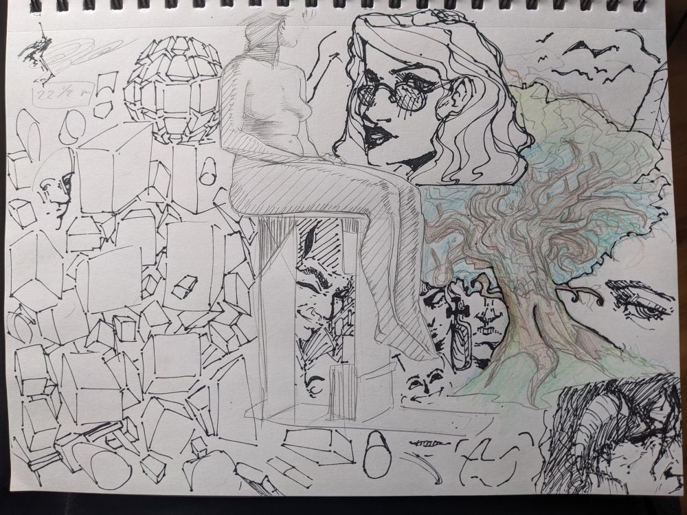 picture of one my most recent sketchbook page. Filled almost completely using a mechanical pencil, fine point marker, and a new set of colored pencils I got for Christmas :). Notable drawings include a figure study in the middle made rising mechanical pencil, assorted/random boxes and faces in marker, and a tree in both colored pencil and marker.