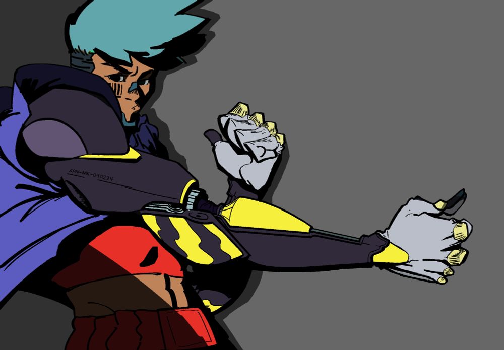 unfinished illustration of a sci-fi boxer with mechanical arms. Flat colors with some implied lighting.