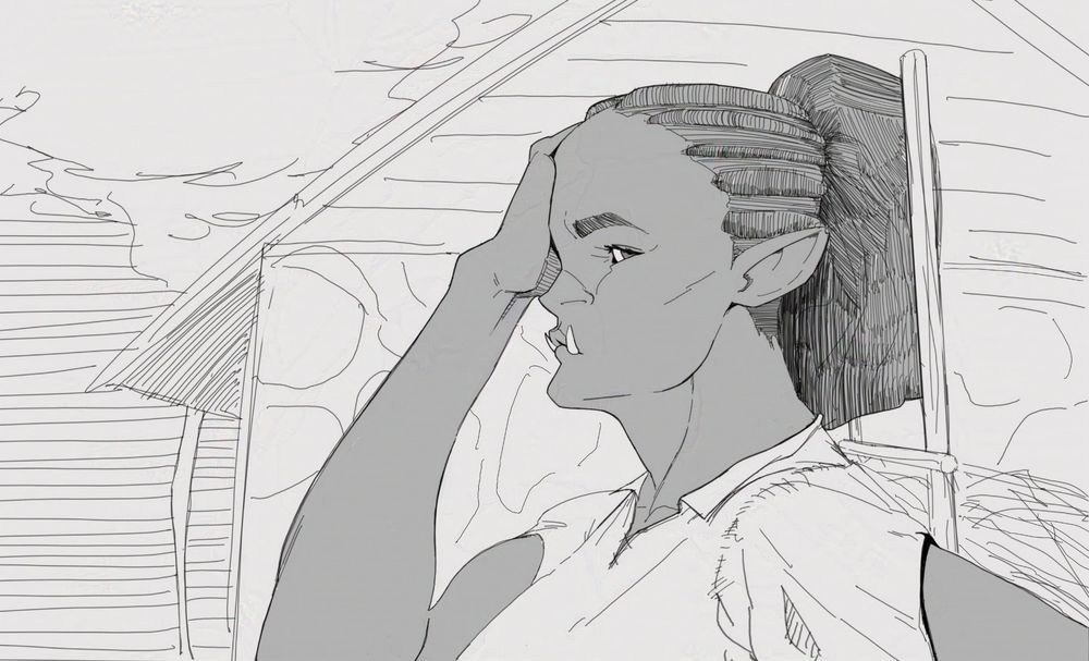 Drawing of an orc woman with a hand on her head in a seemingly annoyed/frustrated look. She carries some firewood on her back and is on a rough background of a village.
