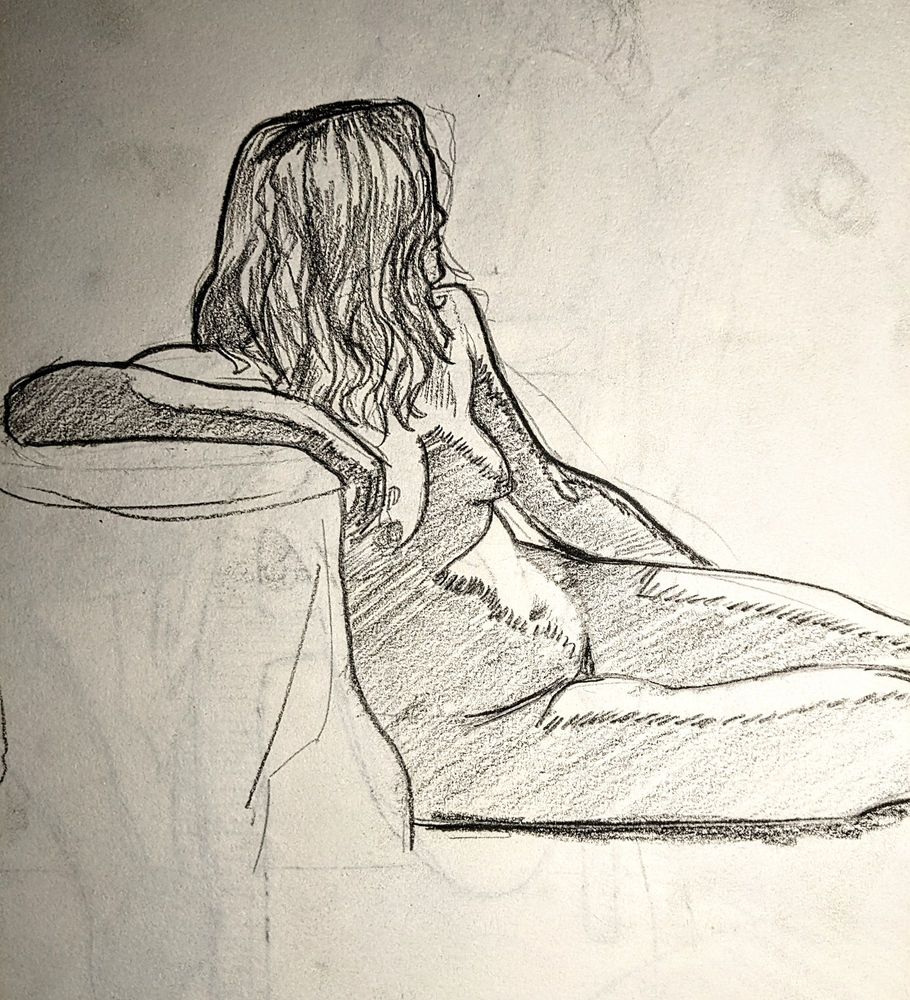 10 or 15 min pose of a woman leaning on a draped stool on the floor  
