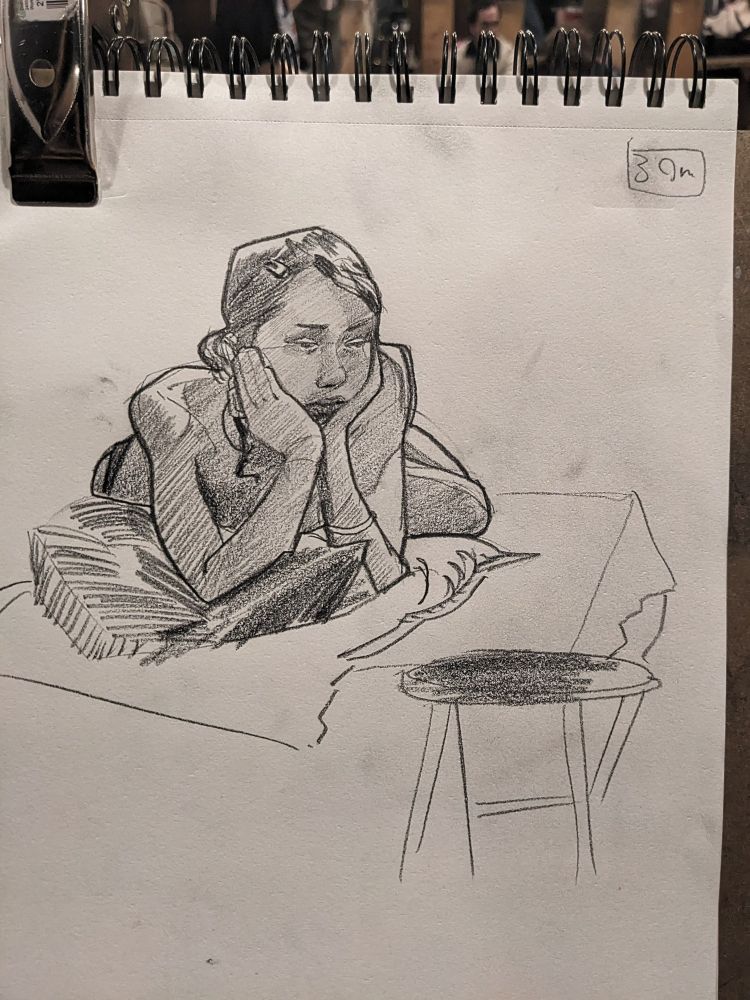 30 minute pose in graphite pencil depicting a woman laying down with her head cupped between her hands