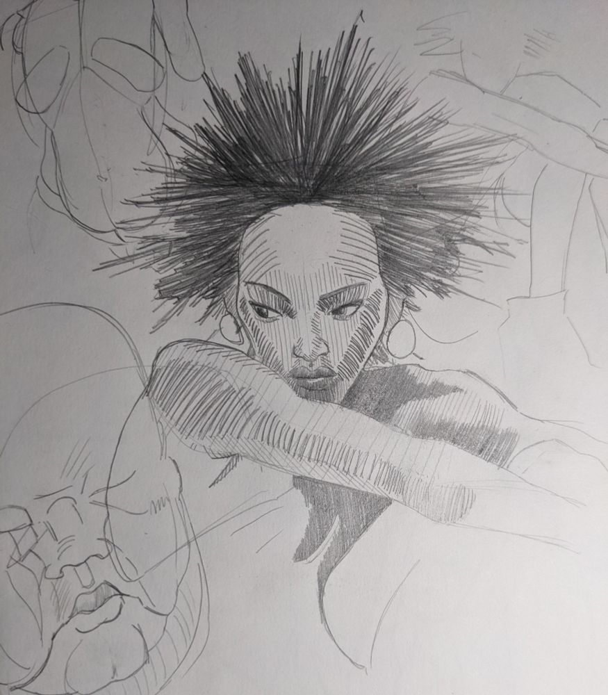 sketchbook drawing of a black woman primarily featuring hatching for rendering. Drawn with 0.03 mm mechanical pencil 