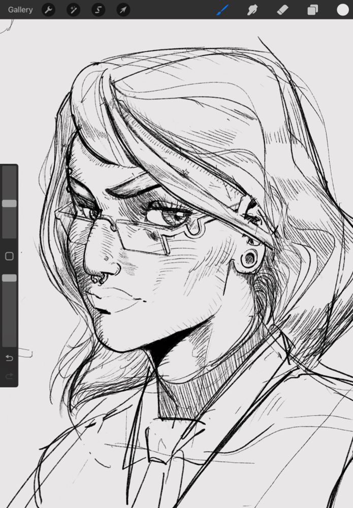3/4 digital portrait of a woman with glasses emulating traditional pencil