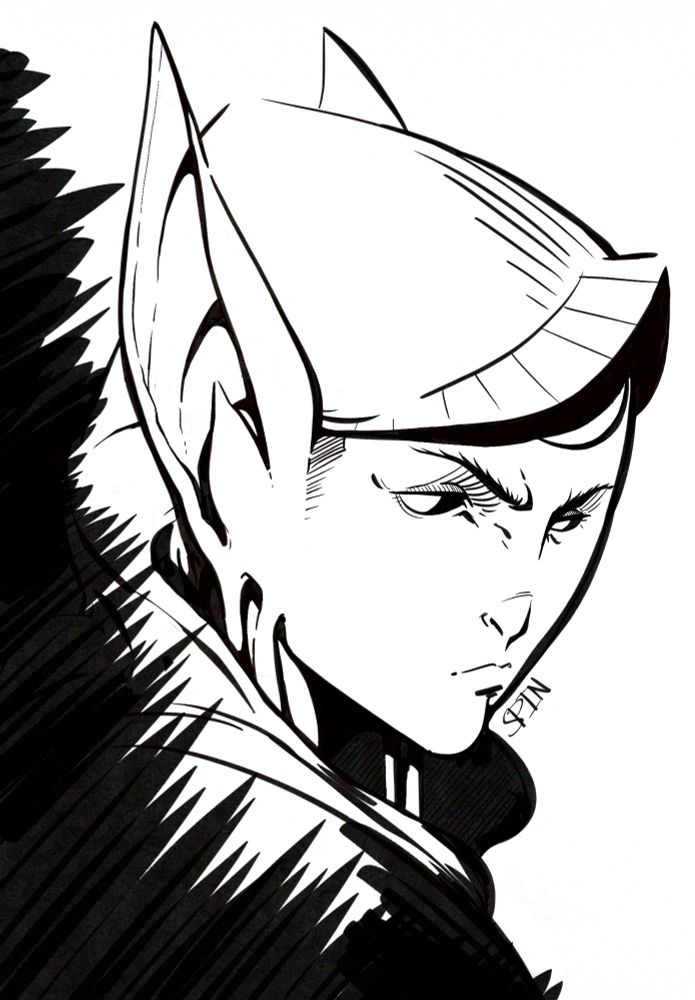 Digital portrait in the style of a high contrast black and white ink drawing. It depicts a person in a hood with bat ears and stretched lobes, as well as some sort of spherical object embedded in their forehead peaking out from under the hood. They looked irritated or scorned.