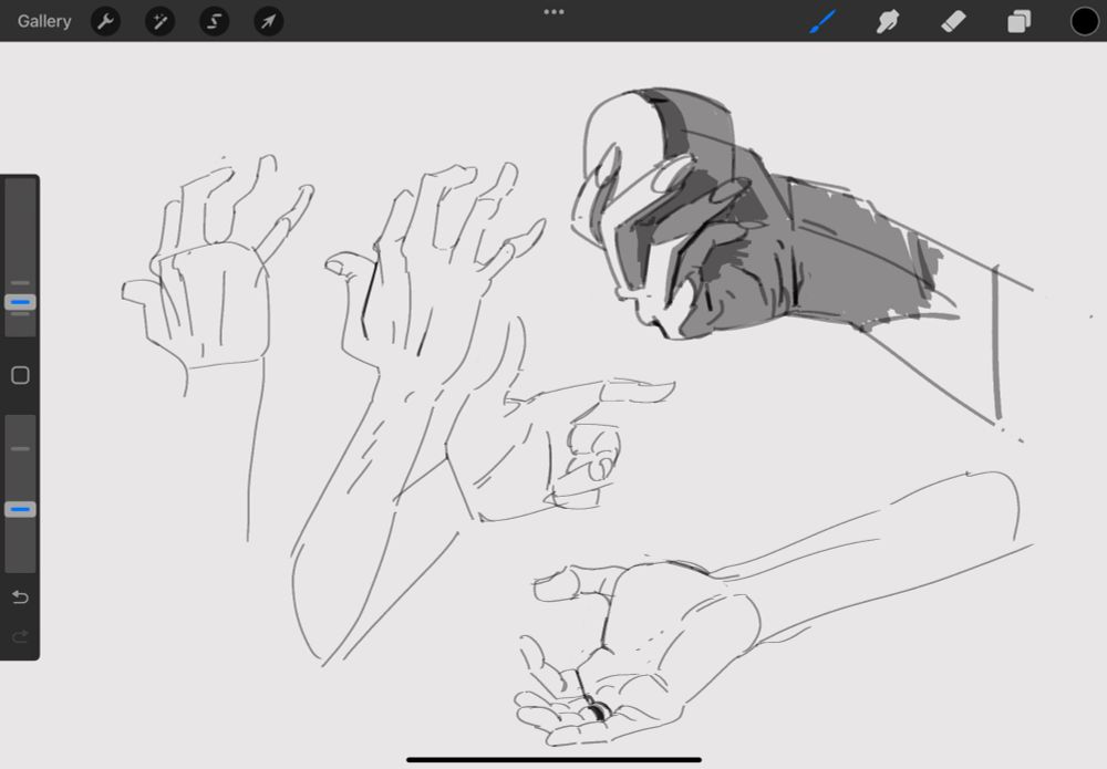 Digital drawing of 5 hands, studied from reality, with one rendered