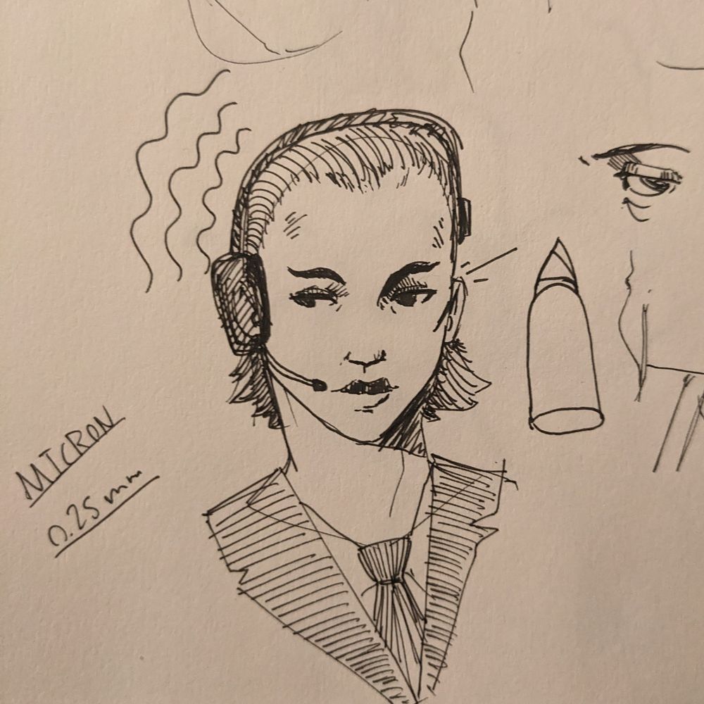 Traditional pen sketch depicting a bust of a woman with some kind headset on wearing a tie and suit(?)