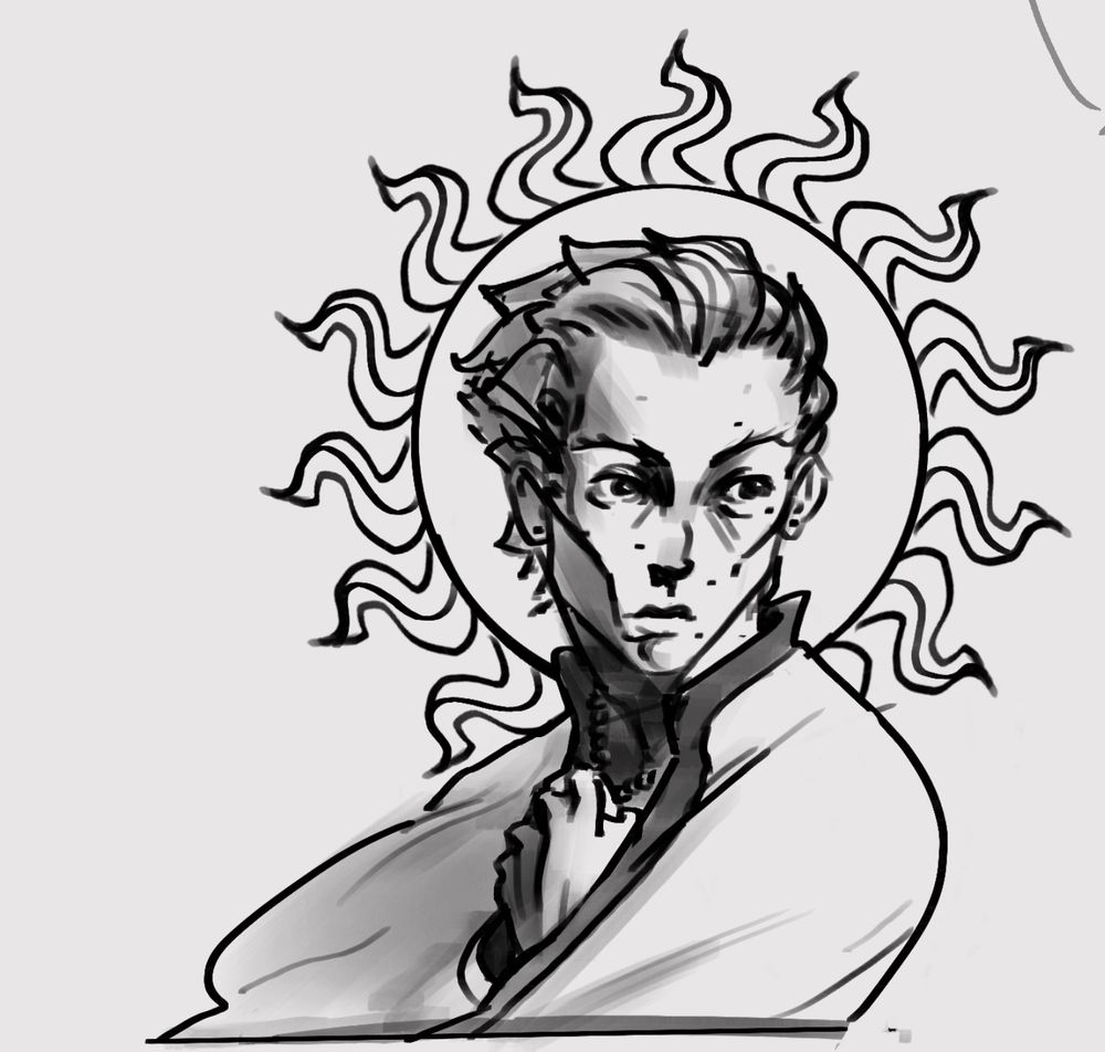 Person in a cloak clutching something in one hand. They have a stylized sun behind their head in the style of a traditional halo depiction.