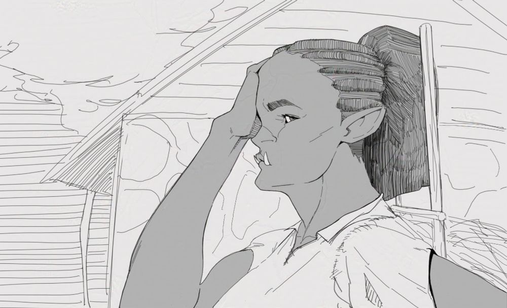 Drawing of an orc woman from the side, looking up at her with a slightly annoyed/confused expression and her hand on her forehead. Behind her lies a house and she is carrying firewood on her back.