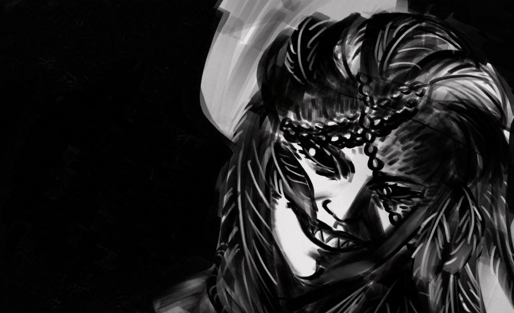 black and white #art of the sphinx from dragons dogma 2 with her iconic glare