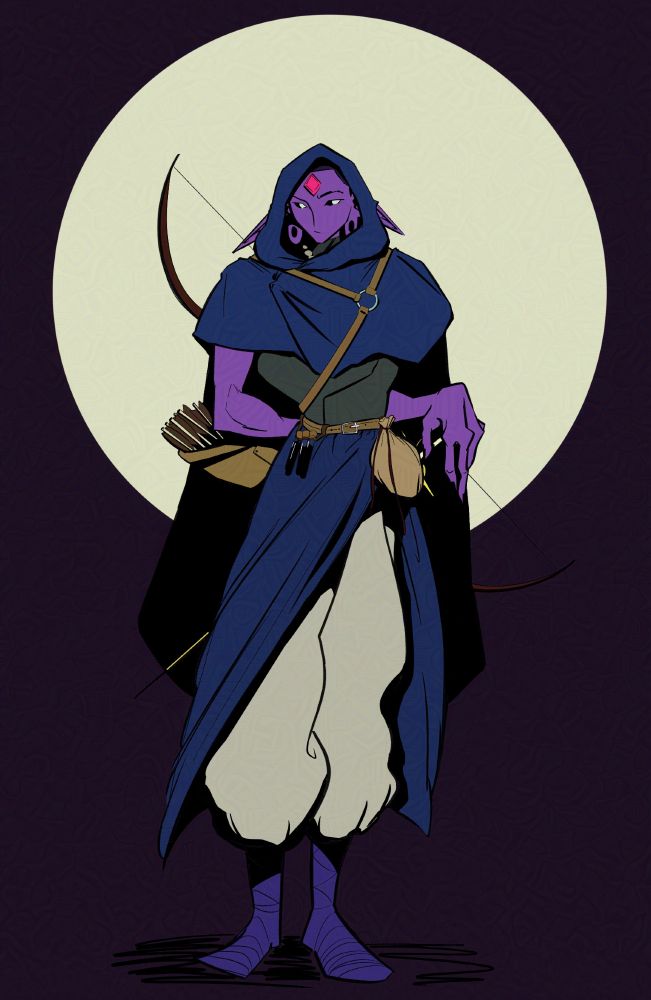 #art depicting a full body drawing of a dark elf in adventuring clothing in flat colors. A large red gem sits in her brow.