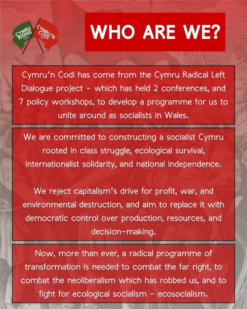 Who are we?

Cymru’n Codi has come from the Cymru Radical Left Dialogue project - which has held 2 conferences, and 7 policy workshops, to develop a programme for us to unite around as socialists in Wales. We are committed to constructing a socialist Cymru rooted in class struggle, ecological survival, internationalist solidarity, and national independence. We reject capitalism’s drive for profit, war, and environmental destruction, and aim to replace it with democratic control over production, resources, and decision-making. Now, more than ever, a radical programme of transformation is needed to combat the far right, to combat the neoliberalism which has robbed us, and to fight for ecological socialism - ecosocialism.