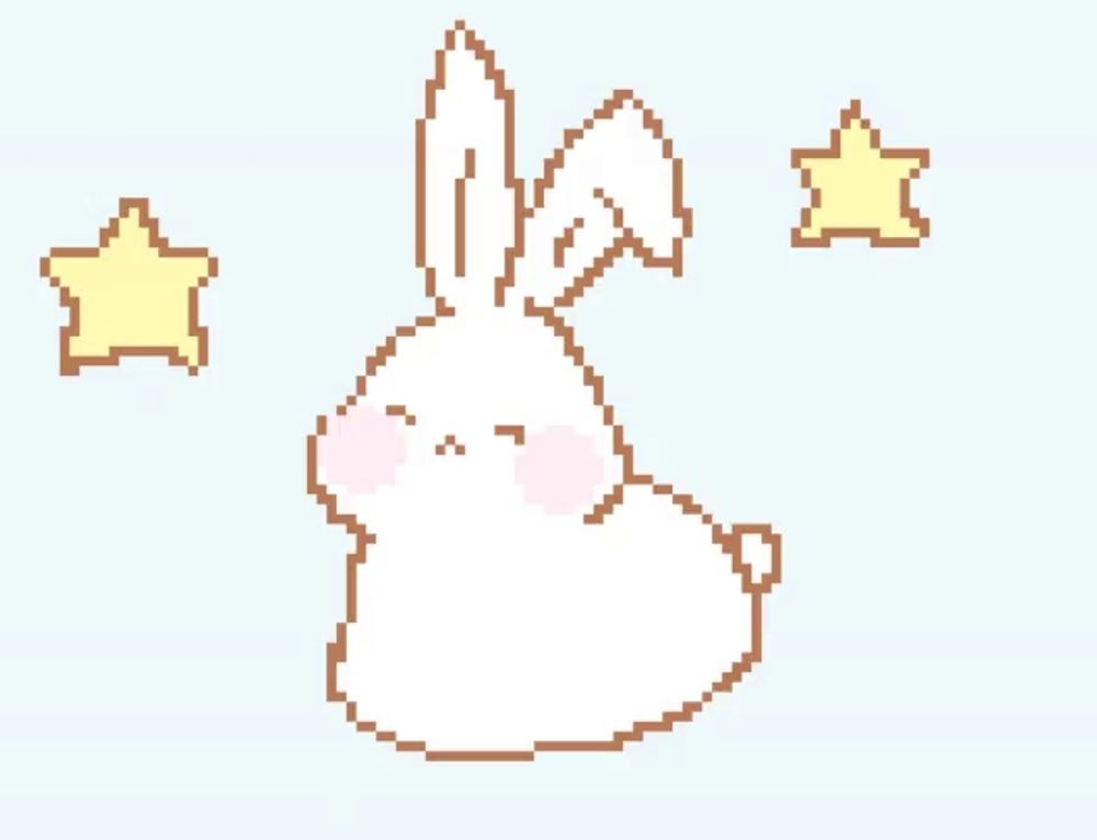 a pixel art drawing of a white rabbit with two yellow stars