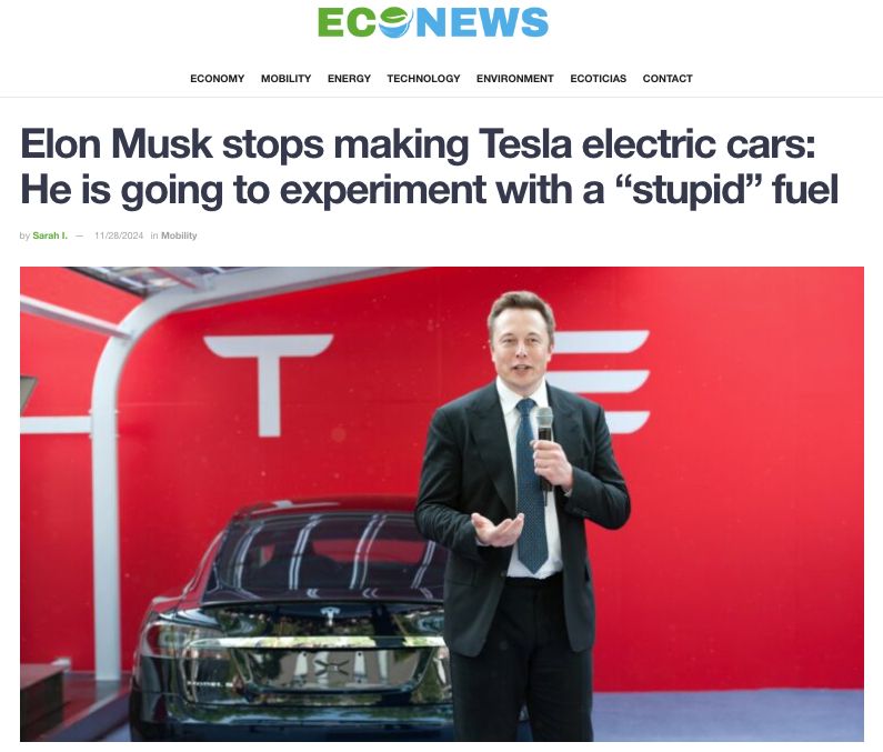 An article with a picture of Elon Musk and a title - Elon Musk stops making Tesla electric cars: He is going to experiment with a “stupid” fuel