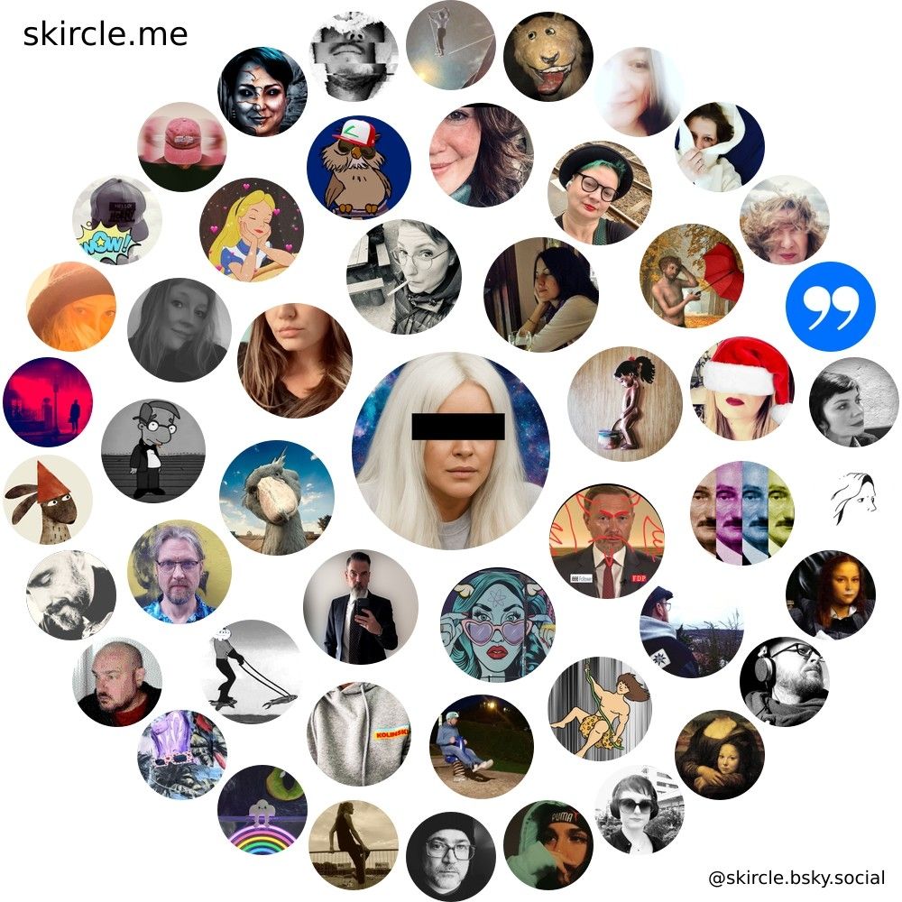 Eine kreisförmige Collage aus vielen unterschiedlichen Profilbildern – Fotos, Illustrationen und Icons – rund um ein zentriertes Porträt mit schwarzem Balken über den Augen.
