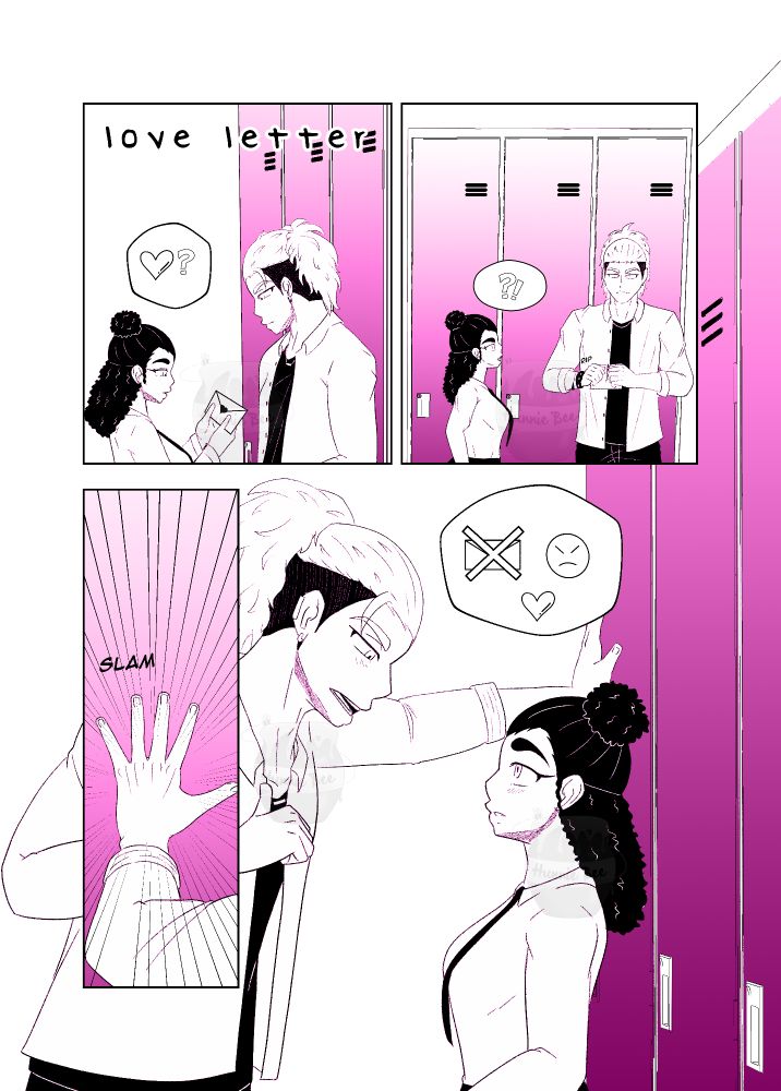 My OCs Kenta and Mari in my School AU. First panel has the title 'Love Letter' and shows Mari looking confused at a random love letter that she found at her locker and Kenta looking her way. Second panel, Kenta is ripping the letter and Mari is angry about it. Third panel, Kenta’s hand slams against the locker. Forth panel, Kenta is explaining that Mari doesn't need a random love letter because he likes her and Mari is blushing