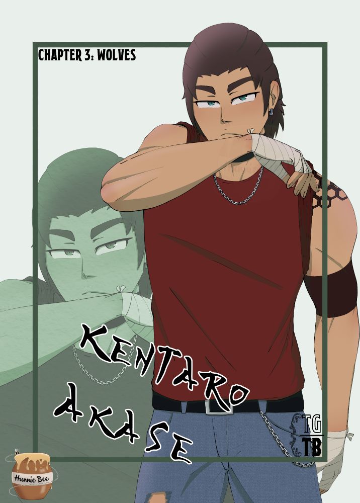 My OC Kenta wear a red top, distressed jeans and bandages on his hands. He is posted to look tough while wiping the side of his face.