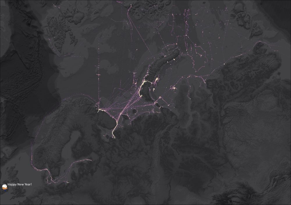 Map showing ship tracks for the period June to December 2024, primarily concentrated around Novaya Zemlya.