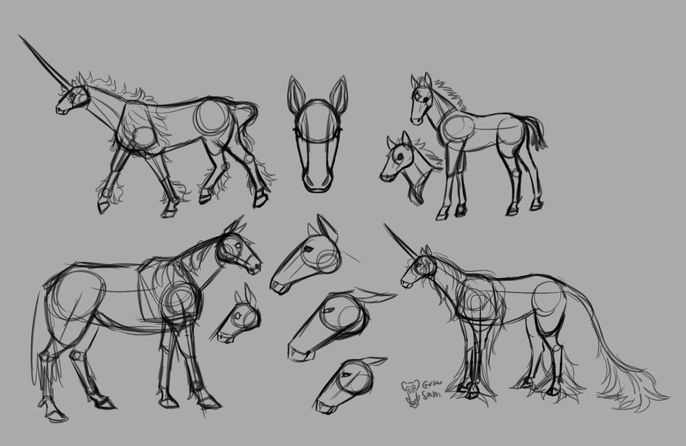 Sketches of horses and unicorns
