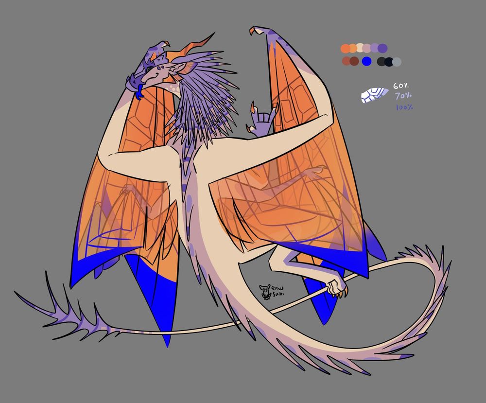 A custom made for hysterixblight. Ice/hive with lots of purple spikes, and two pairs of translucent orange wings with blue tips. They’re sticking their tongue out and giving the ILY hand sign