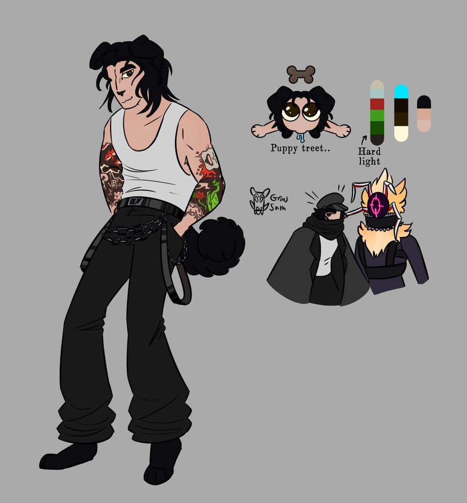 Reference page with a fullbody and two doodles. The guy is white, with black floppy ears, curly tail and paws, shoulder-length black hair, and tattoos on his arms.

Left: fullbody, his clothes consists of a white tank top, baggy black pants, shiny black belt and suspenders (worn hanging down), and wallet chains. 

Top right: chibi, drooling and looking up at a dog treat. Text under says “Puppy treat” but spelled wrong.

Bottom right: simple halfbodies of Salm and Lys (his drone) standing together. Lys is slightly taller, with a round screen face that shows a reticle (like on a gun), blond fur on their head/neck, and four articulated antennae. They’re wearing a tactical harness and chunky collar.
