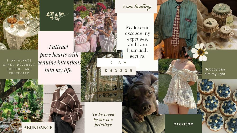 My first vision board that I made for 2025! It's a green aesthetic full of spring pics, foods, and some clothing ideas.