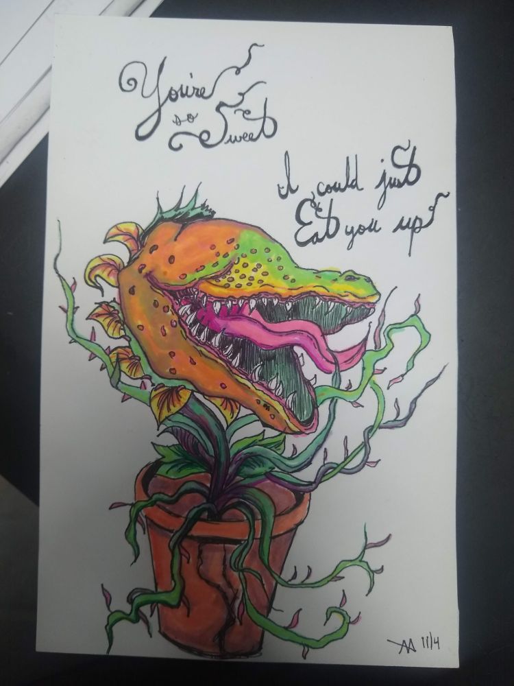 Venus fly trap monster from little pet shop of horrors with text that says "you're so sweet I could just eat you up " 