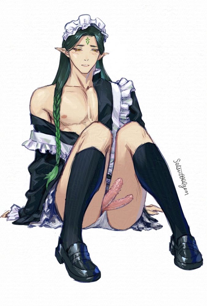 Zhuzhi-Lang in a maid dress sitting on the floor. The dress is partially unbuttoned, leaving the right side of his chest and his right shoulder bare. His eyes are averted from the viewer, showing a shy expression. His legs are bent and underwear pushed aside, showing his two erect hemipenes.