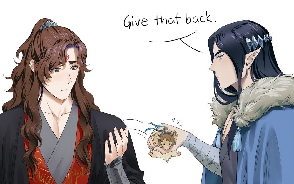 Mobei-Jun swipes the Shang Qinghua-hamster away from Luo Binghe, saying "Give that back." The hamster looks a bit stressed at being manhandled.