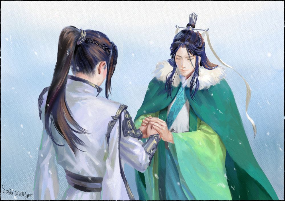 In a snowy scene, Shen Qingqiu wears a cloak with a fur collar and holds both of Liu Qingge's hands in his to try to warm them up. Originally posted May 2024.
