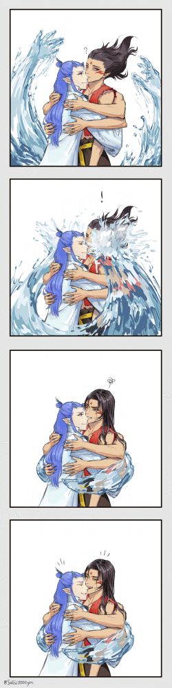 Panel 5: the water surges up into the shape of two hands. Panel 6: the water splashes on a surprised Nezha. Panel 7: the water encircles them both while they're still hugging. Nezha shows an expression between annoyed and entertained, and his hair, now drenched, is no longer defying gravity. Panel 8: Ao Bing and Nezha share a laugh about the whole thing.
#哪吒之魔童闹海 #哪吒之魔童闹海