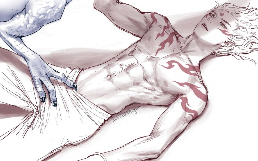 Nezha in his adult form laying supine, wearing only pants, reaching up to Ao Bing atop him. Ao Bing is in his dragon form but is mostly out of frame, and he is pulling down Nezha's pants with a single claw.