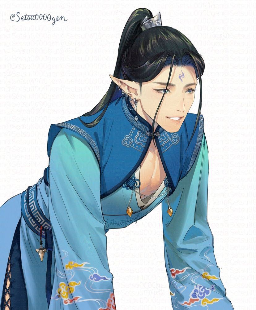 Shen Yuan as a demon in Deisderium's fanfiction, "in sheep's clothing." He wears blue robes, the style of which is inspired by hanfu, but more revealing. His sleeves and collar are decorated with auspicious clouds.