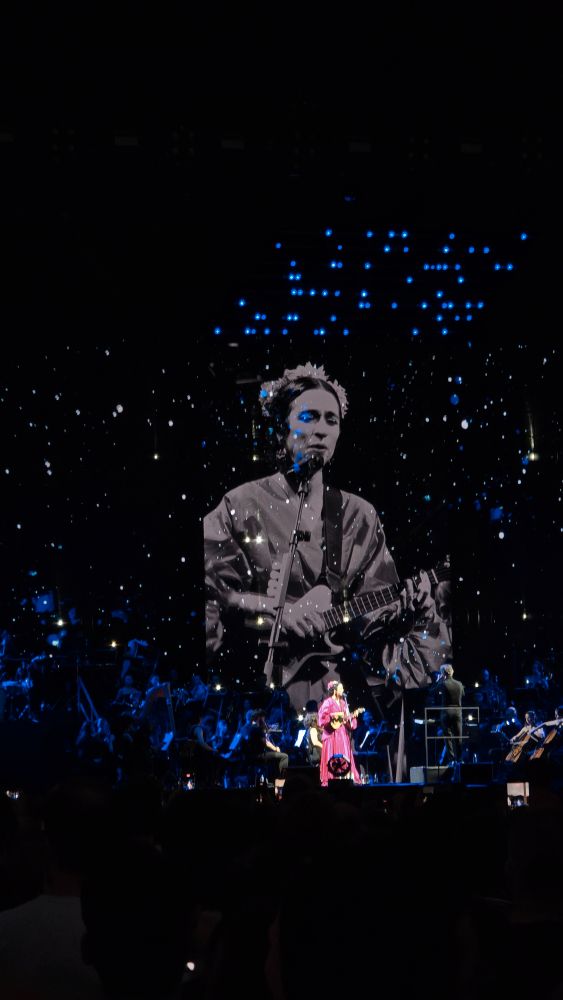 Foto de um palco, tirada distante. Na parte inferior ta a Marisa Monte com um vestido rosa, tocando uma guitarra. Ao fundo uma projeção da artista, gigantesca, em preto e  branco com luzes como se fosse uma viagem entre estrelas 