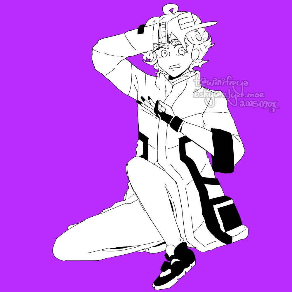 drawing of the pose in the music video of rot for clout, where the singer is looking manically at the camera with their right hand over their forehead in the loser l position and their left hand over their chest in the ok hand position, but using a different character. this artwork features bede from pokemon sword and shield with her initial outfit (coat) in monochrome, with a panicked or scared expression. the background is a bright magenta derived from her coat accent color