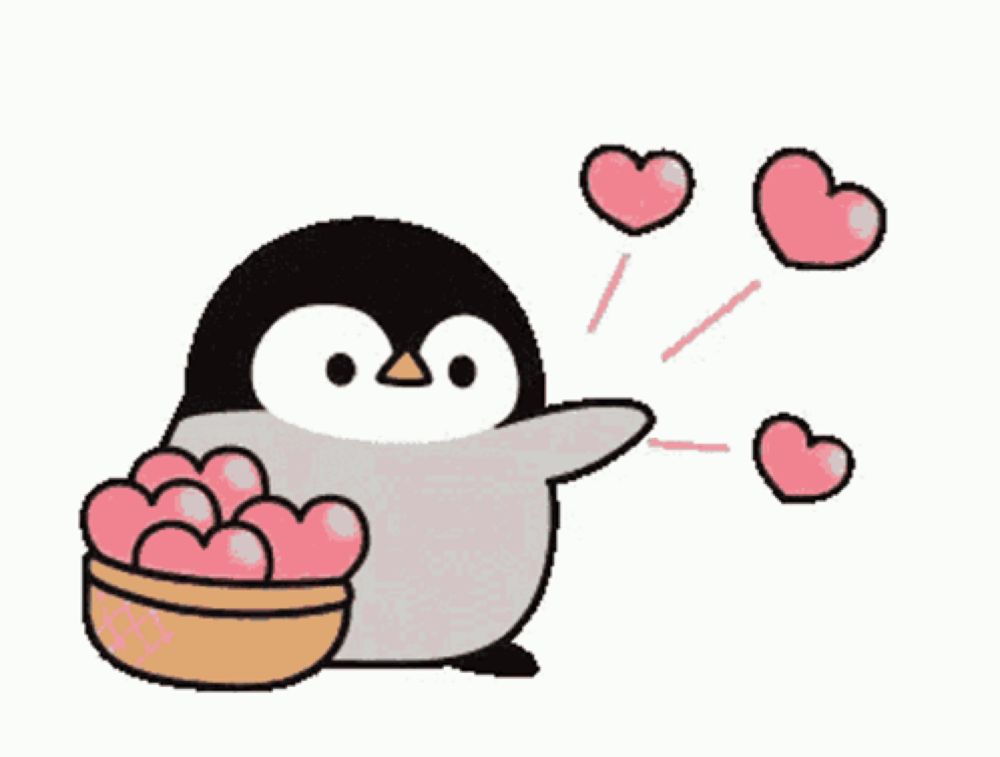 a penguin is holding a bowl of hearts and hearts are coming out of it .