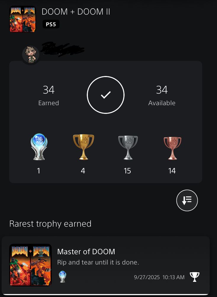 A screenshot from the PlayStation app showing the platinum trophy for Doom & Doom II
