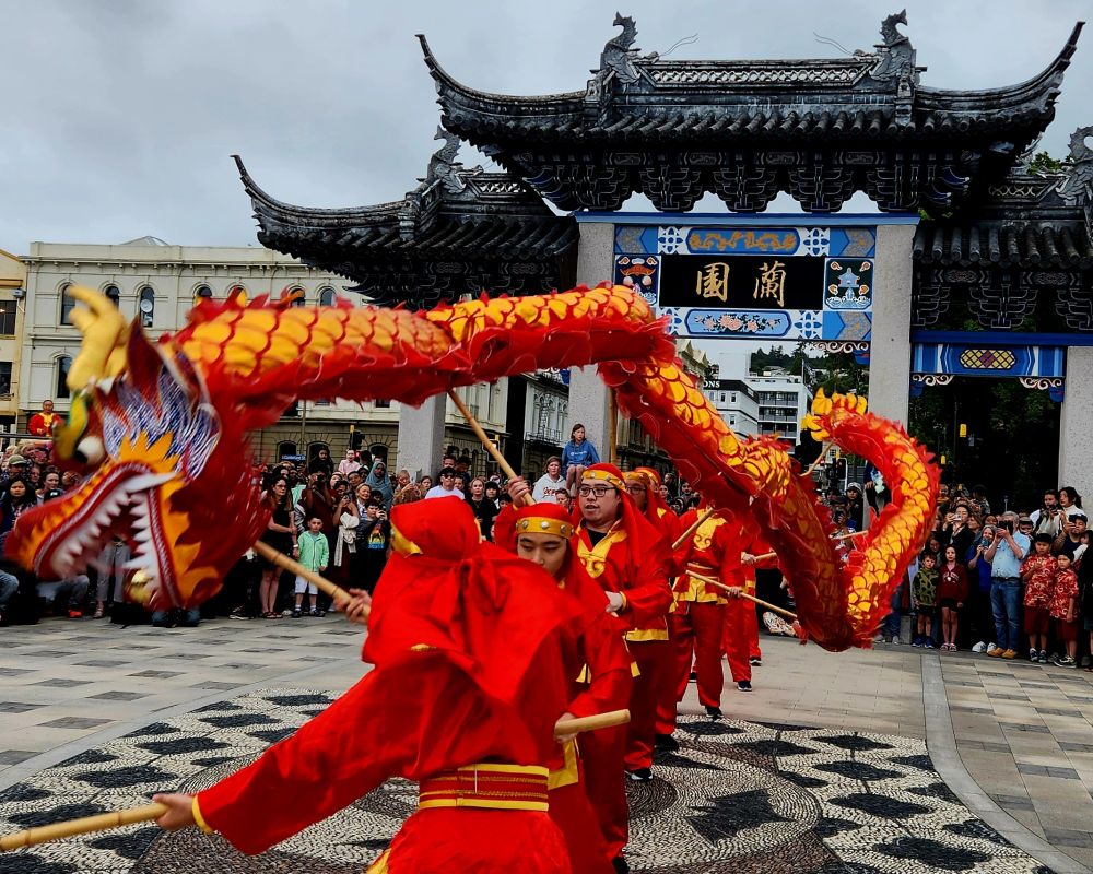The dragon dance in front of Dunedin Chinese Garden