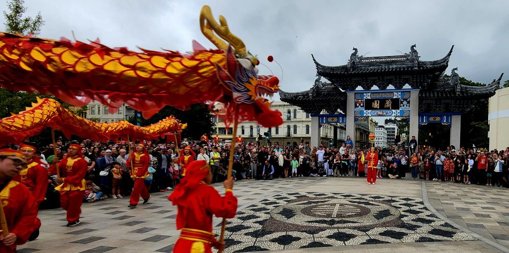 The dragon dance in front of Dunedin Chinese Garden