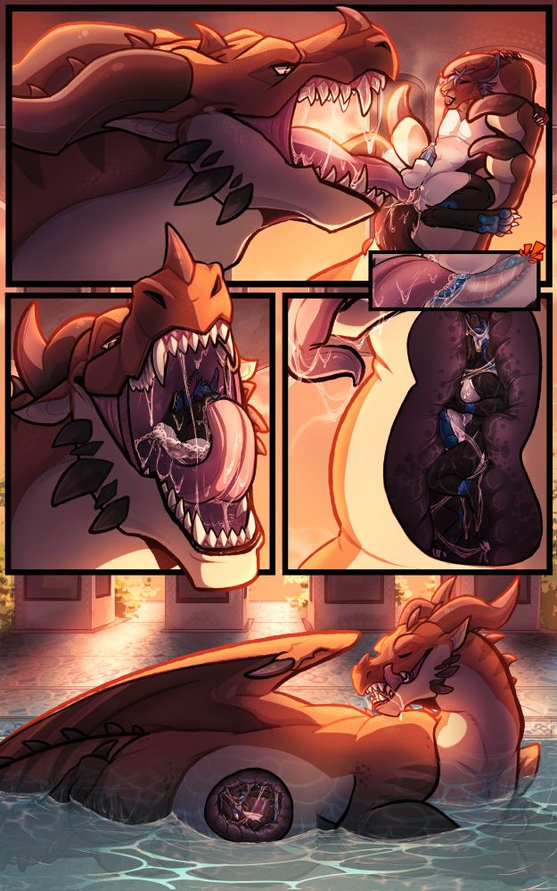 Okay I had some amazing alt text (which is surprising cuz I usually suck at them) but it got lost cuz my work sucks. 

Anyways we’ve got a four panel comic detailing a steamy encounter between a dragon and a roo. In the first panel the roo is sitting in the dragon’s palm while the sexy dragon gives the roo a prostate massage with their tongue. There’s even a lil insert of that. The roo enjoys this greatly. The second panel is mostly a shot of the dragons open maw, with the Roos head poking out of the dragons throat. The Roos mouth is also full of dragon tongue, and the roo is coated in dragon saliva (kinda hot). The third panel is an xray view of the dragon’s throat bulge, showing inside a very slicked up roo with a noticeable erection. The final panel shows the dragon lounging in the water (it’s been in a bathhouse the entire time!! Surprise!!), looking incredibly content. There’s another xray shot of the dragons belly showing the roo inside, jerking off inside his own personal sauna. End scene. 