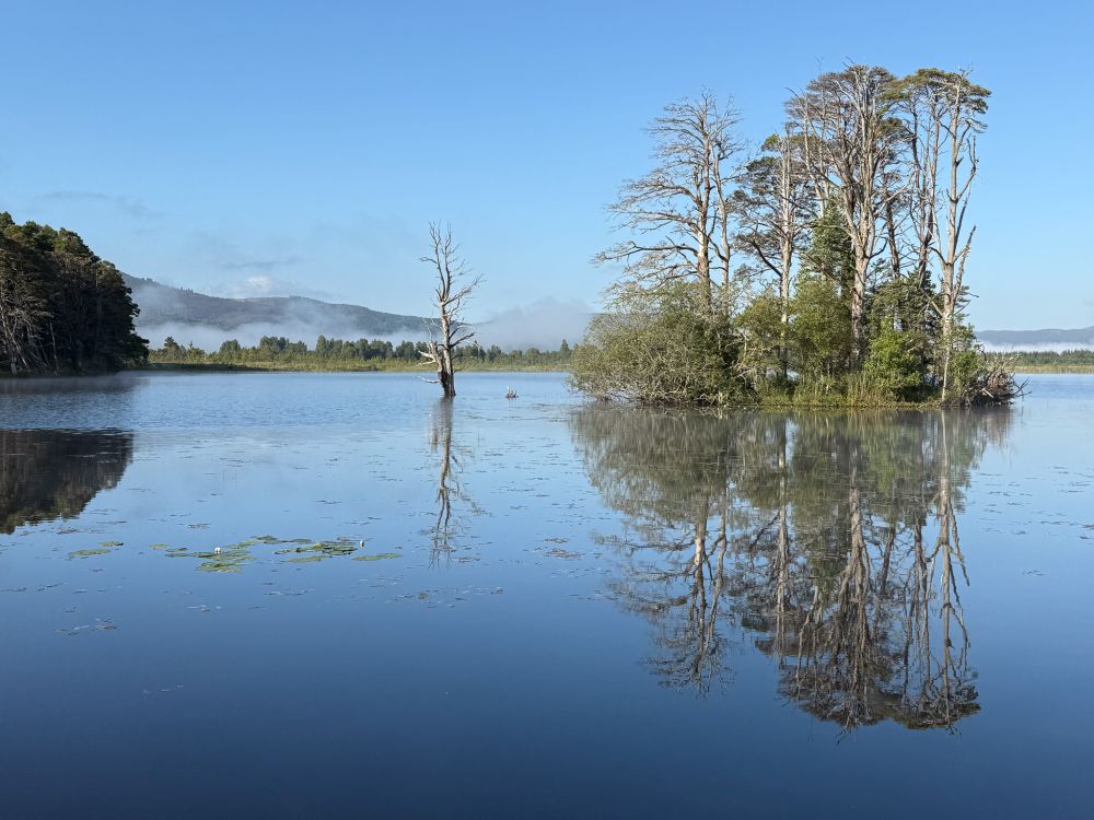 Reflections in loch, with distant mist