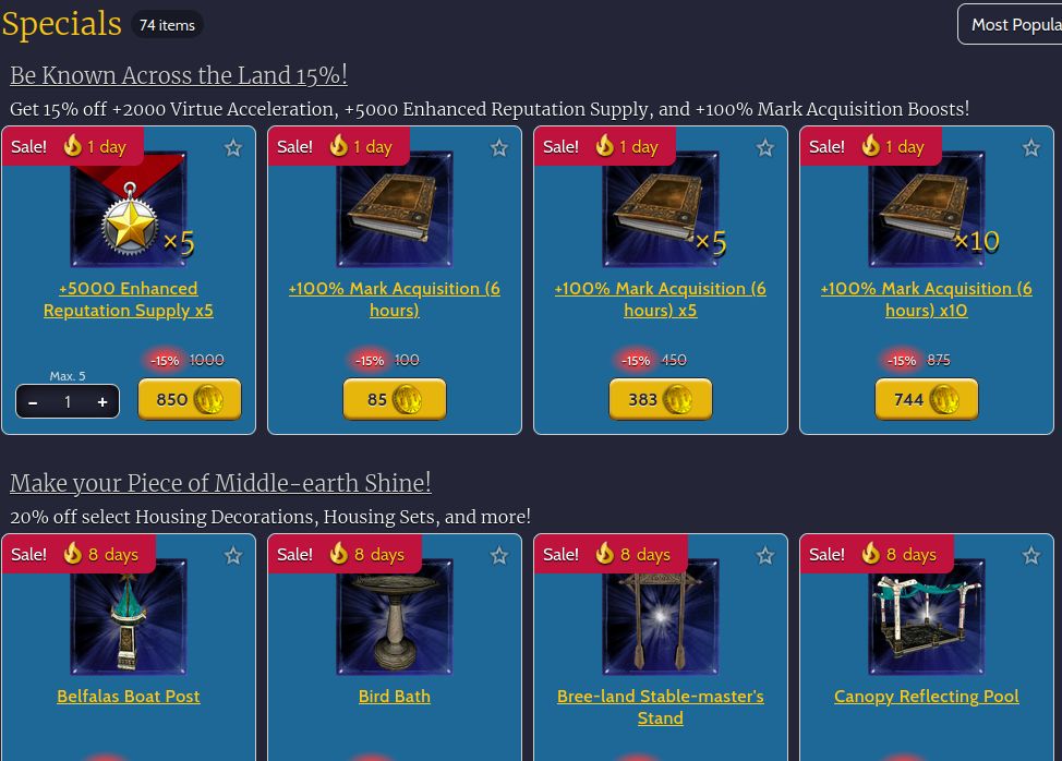 A screenshot of the in-game LOTRO Store showing various products to exchange for LOTRO Points.