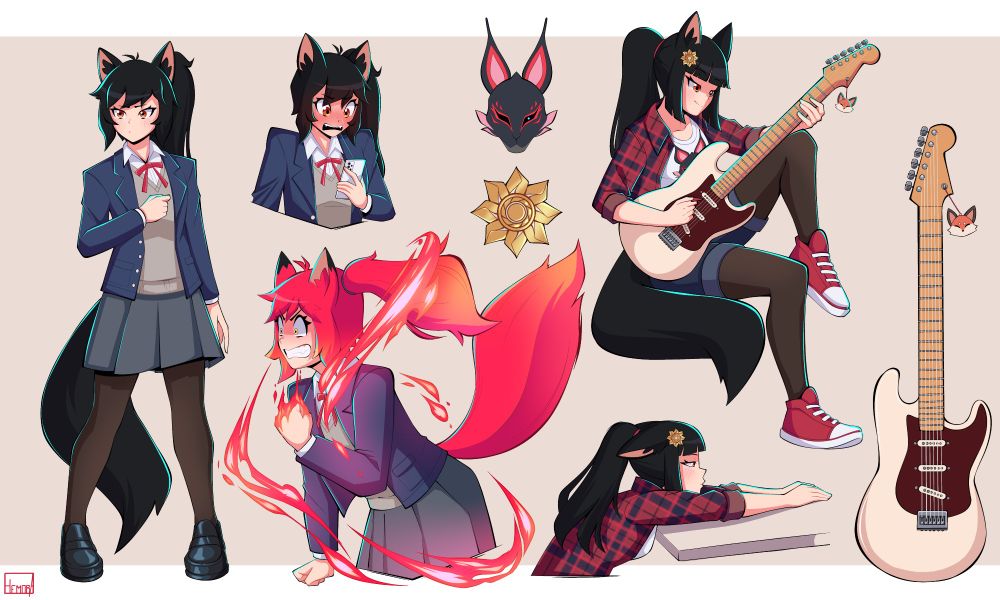 A reference sheet of Cordelia Deorwine in her alternative school outfit along with a casual outfit of hers.

Pictured on the far left is a regular standing image of her looking mildly annoyed.
Next is an image of her looking embarrassed  toward her phone screen, likely because of some text she received from Stellie.
Below that image is what she looks like when enraged, with her hair turning red, eyes yellow, and fire swirling around her that seems like it'd go out of control.

Some details she wears in one of her casual outfits are also featured, the first being a black fox-like mask design on her white t-shirt that is pictured clearly. The second is a sun-themed metal hairpin she wears.

After that on the bottom is Cordelia pictured in her casual outfit sighing from exhaustion, her arms outstretched on a table while she leans forward to rest her head on them.
Above that is an image of Cordelia playing her favorite guitar.
In the rightmost image, this guitar is displayed clearly with it being primarily white and having a secondary color of brown with a keychain of a fox attached to the end of the guitar.