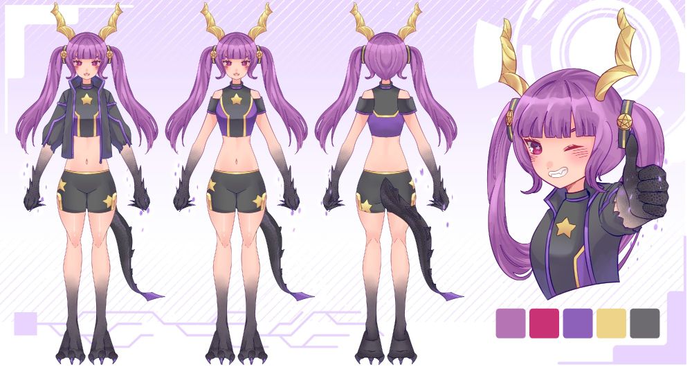 Reference sheet of Estella Astrato.

The leftmost picture depicts her main outfit with the jacket on as a front viewing angle only. The center and right picture depict her without her jacket at a front and back viewing angle. The rightmost picture depicts her winking with a grin while giving a thumbs up, embers flickering from the vents in-between the scales of her draconic hand.

By comparison, Estella has twintails rather than pigtails, and her horns are visible unlike Stellie's. Her twintails are held up by pentagram-like bands as opposed to something blockier that Stellie has. She also has scale-like material beneath her knees and elbows as opposed to just skin.