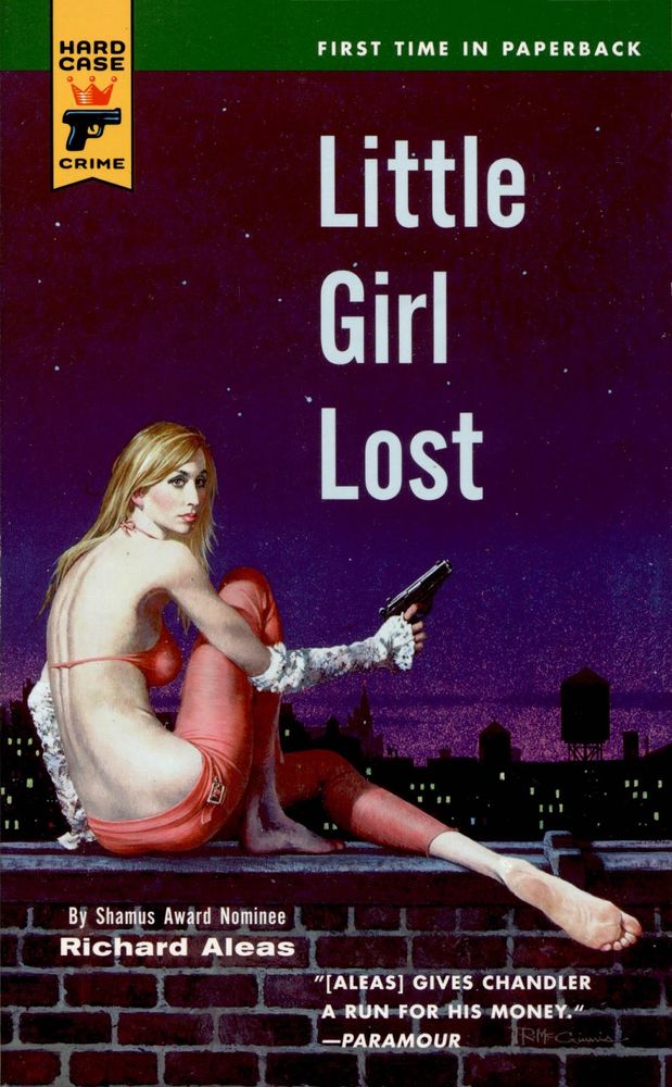 Cover for a Hard Case Crime novel called Little Girl Lost. The McGinnis illustration shows a sexy dame perched on a brick wall, with one (normal) leg and one weirdly long leg with a gigantic elongated foot, the whole looking like she's had some kind of HR Geiger designed oar surgically attached to her pelvis.