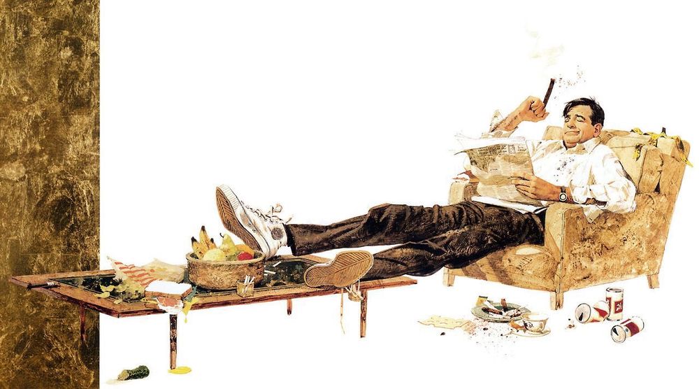 Part of McGinnis's illustration for The Odd Couple, depicting Walter Matthau climbed in an armchair with his feet on a coffee table. His legs have at least an extra femur's worth of length proportionate to his body.